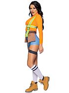 Female construction worker, costume romper, long sleeves, pockets, belt, front zipper